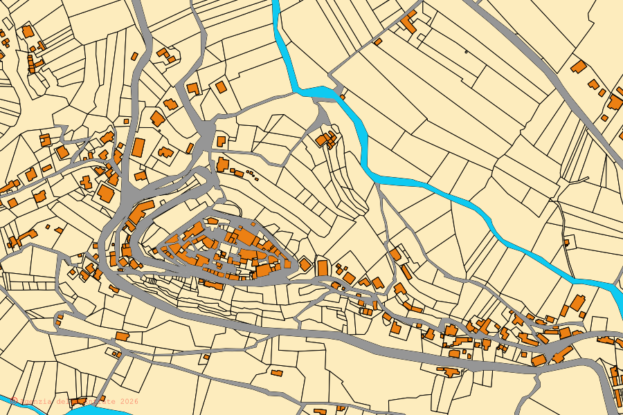 Plan cadastral du centre de Belmonte Castello : parcelles et bâtiments, cartographie de l'Agenzia delle Entrate
