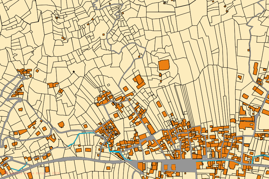 Plan cadastral du centre de Bobbio Pellice : parcelles et bâtiments, cartographie de l'Agenzia delle Entrate