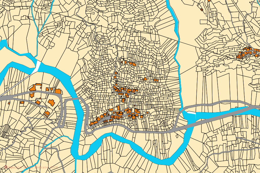 Plan cadastral du centre de Bognanco : parcelles et bâtiments, cartographie de l'Agenzia delle Entrate