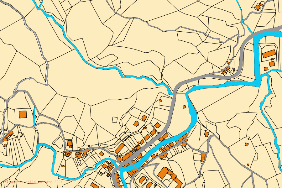 Plan cadastral du centre de Borgo Pace : parcelles et bâtiments, cartographie de l'Agenzia delle Entrate