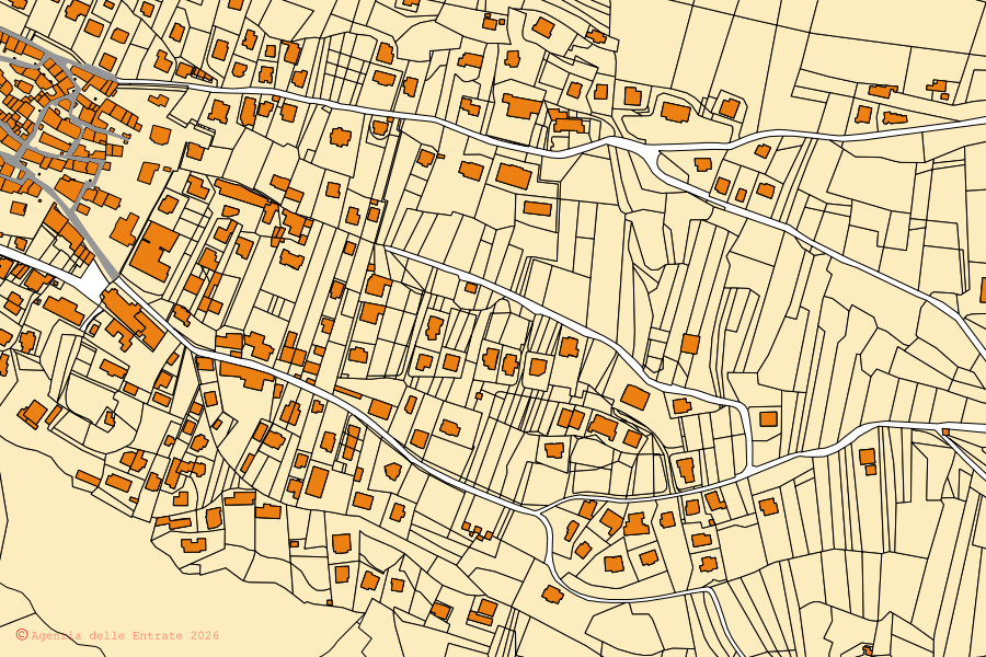 Plan cadastral du centre de Bossico : parcelles et bâtiments, cartographie de l'Agenzia delle Entrate