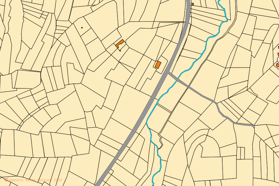 Plan cadastral du centre de Bruno : parcelles et bâtiments, cartographie de l'Agenzia delle Entrate