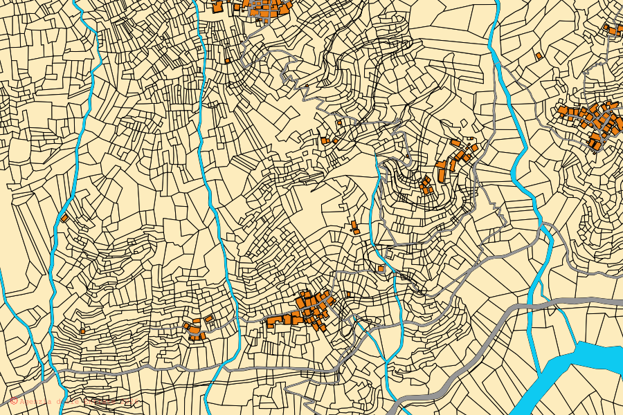 Plan cadastral du centre de Calasca-Castiglione : parcelles et bâtiments, cartographie de l'Agenzia delle Entrate