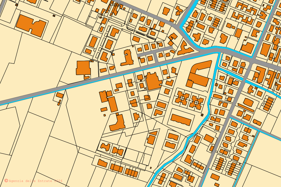 Plan cadastral du centre de Campegine : parcelles et bâtiments, cartographie de l'Agenzia delle Entrate