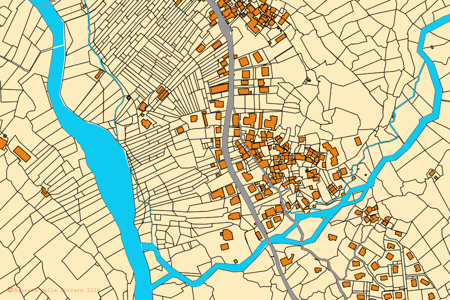 Plan cadastral du centre de Cantoira : parcelles et bâtiments, cartographie de l'Agenzia delle Entrate