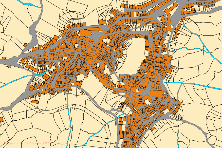 Plan cadastral du centre de Capizzi : parcelles et bâtiments, cartographie de l'Agenzia delle Entrate