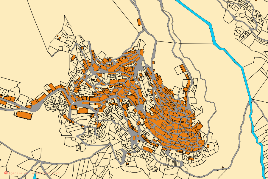 Plan cadastral du centre de Castelluccio Superiore : parcelles et bâtiments, cartographie de l'Agenzia delle Entrate