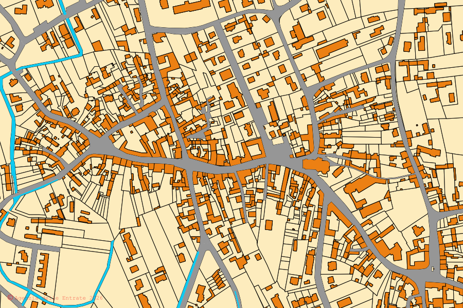 Plan cadastral du centre de Castions di Strada : parcelles et bâtiments, cartographie de l'Agenzia delle Entrate
