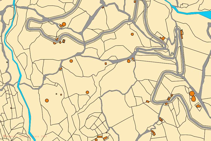 Plan cadastral du centre de Castroregio : parcelles et bâtiments, cartographie de l'Agenzia delle Entrate