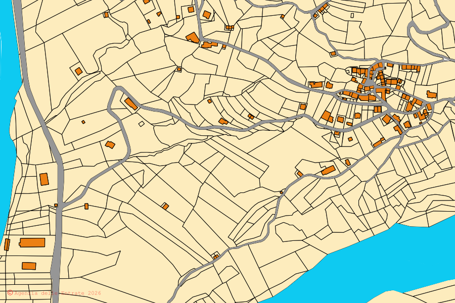 Plan cadastral du centre de Chies d'Alpago : parcelles et bâtiments, cartographie de l'Agenzia delle Entrate