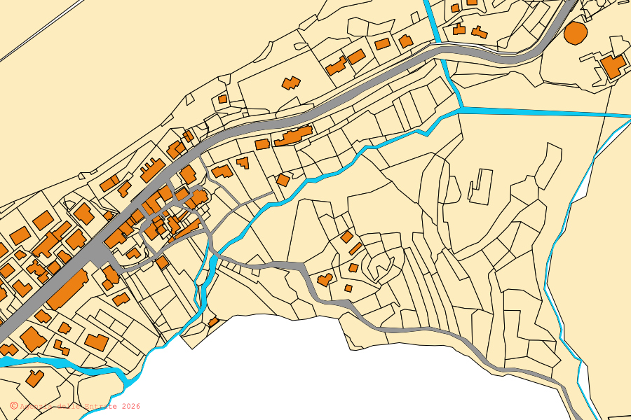 Plan cadastral du centre de Claviere : parcelles et bâtiments, cartographie de l'Agenzia delle Entrate