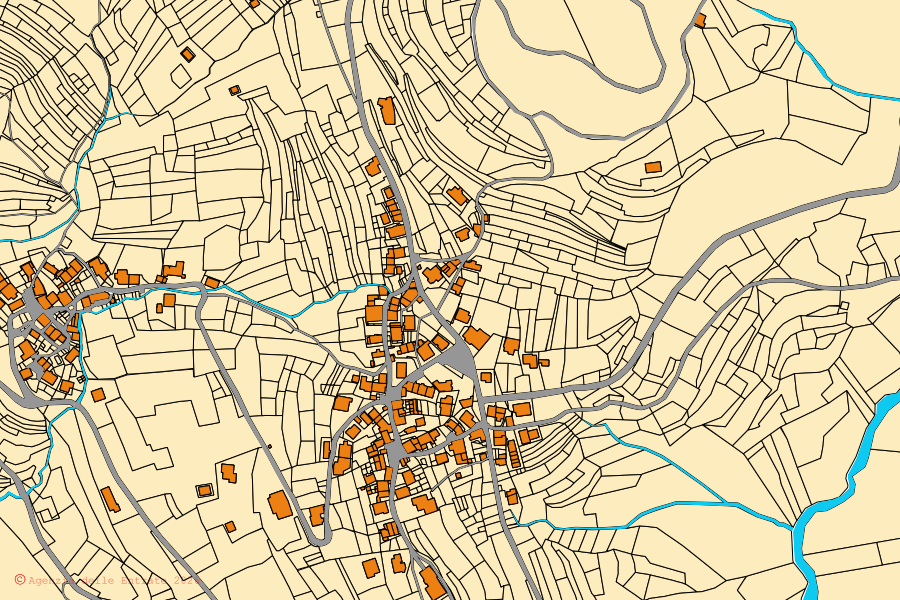 Plan cadastral du centre de Comeglians : parcelles et bâtiments, cartographie de l'Agenzia delle Entrate