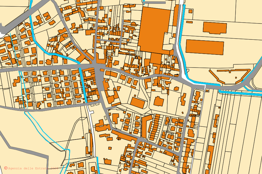 Plan cadastral du centre de Copiano : parcelles et bâtiments, cartographie de l'Agenzia delle Entrate