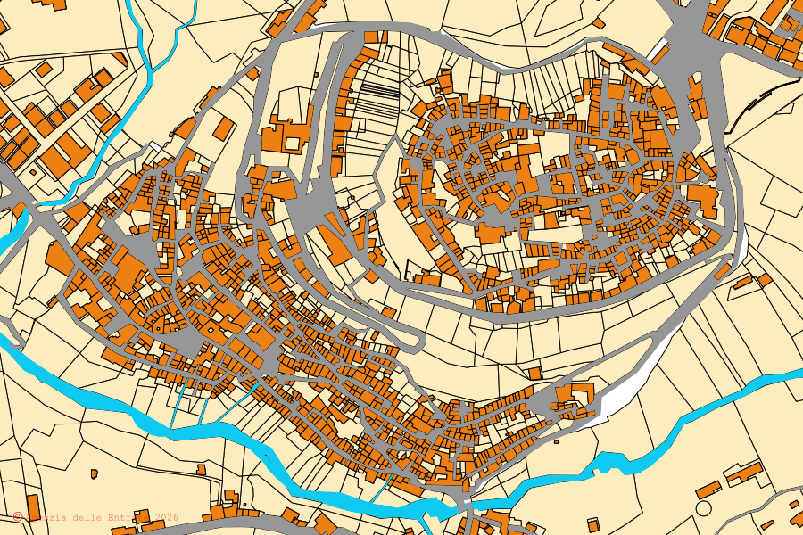 Plan cadastral du centre de Cori : parcelles et bâtiments, cartographie de l'Agenzia delle Entrate
