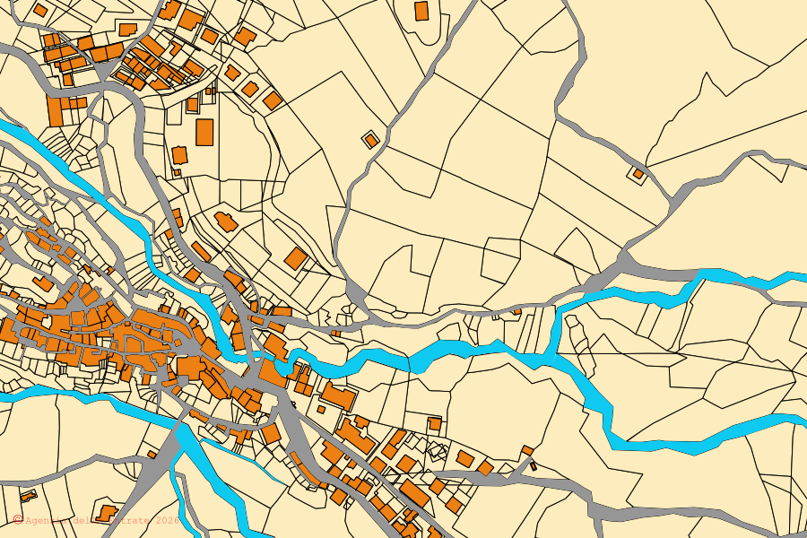 Plan cadastral du centre de Corleto Monforte : parcelles et bâtiments, cartographie de l'Agenzia delle Entrate