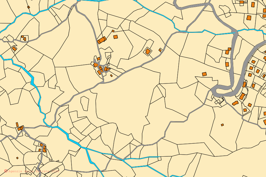 Plan cadastral du centre de Crocefieschi : parcelles et bâtiments, cartographie de l'Agenzia delle Entrate