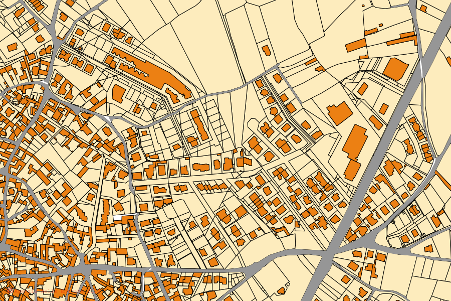 Plan cadastral du centre de Dolianova : parcelles et bâtiments, cartographie de l'Agenzia delle Entrate
