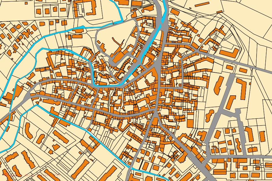 Plan cadastral du centre de Druento : parcelles et bâtiments, cartographie de l'Agenzia delle Entrate