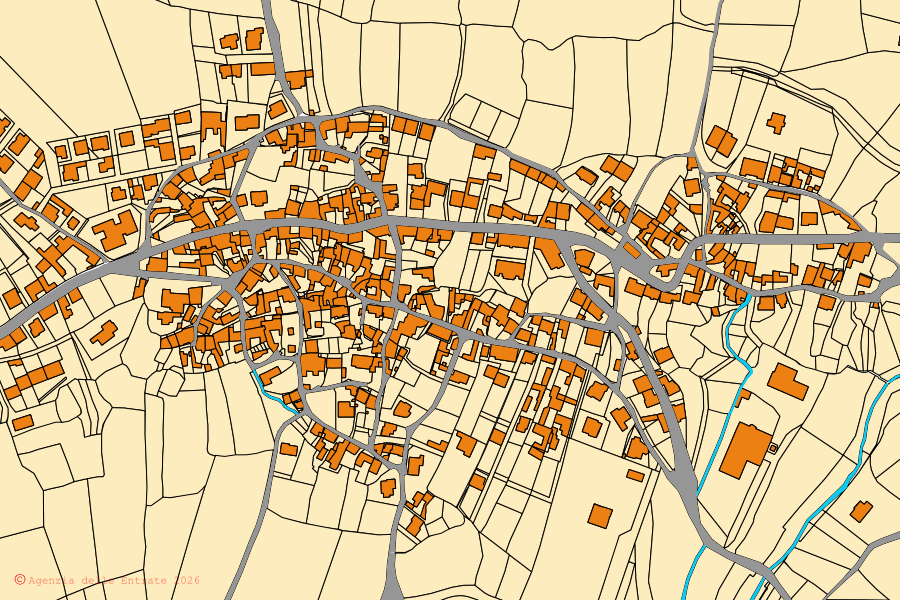 Plan cadastral du centre de Escolca : parcelles et bâtiments, cartographie de l'Agenzia delle Entrate