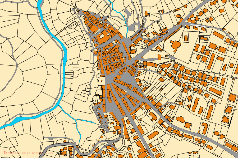 Plan cadastral du centre de Faleria : parcelles et bâtiments, cartographie de l'Agenzia delle Entrate