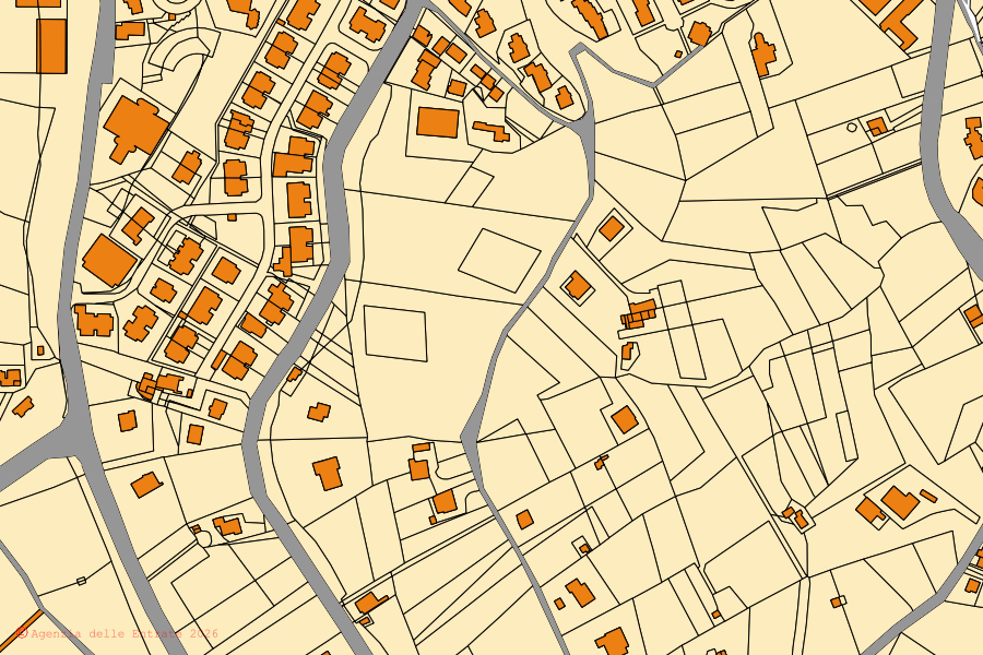 Plan cadastral du centre de Ferrazzano : parcelles et bâtiments, cartographie de l'Agenzia delle Entrate