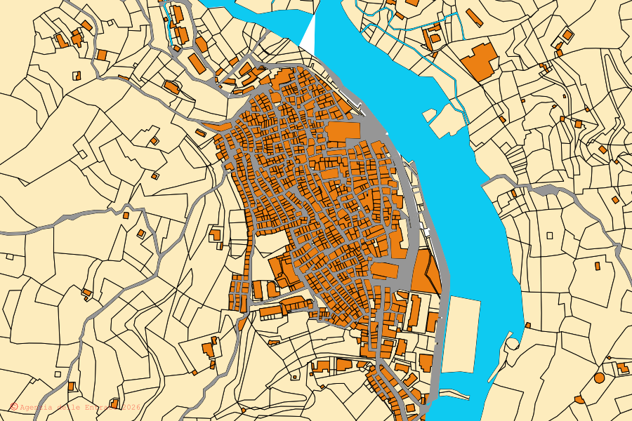 Plan cadastral du centre de Fiumedinisi : parcelles et bâtiments, cartographie de l'Agenzia delle Entrate