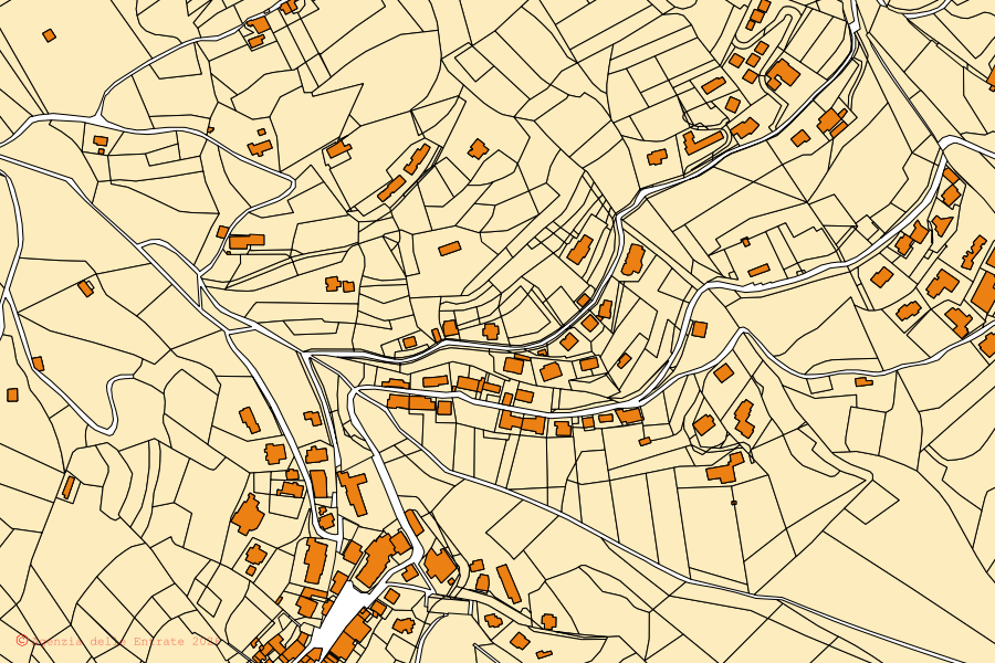 Plan cadastral du centre de Fonteno : parcelles et bâtiments, cartographie de l'Agenzia delle Entrate