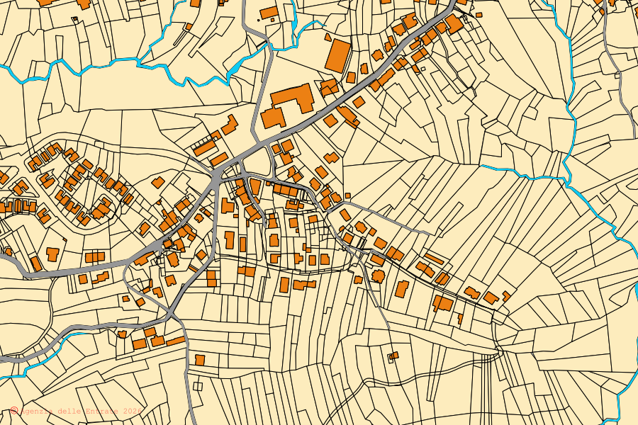 Plan cadastral du centre de Forgaria nel Friuli : parcelles et bâtiments, cartographie de l'Agenzia delle Entrate