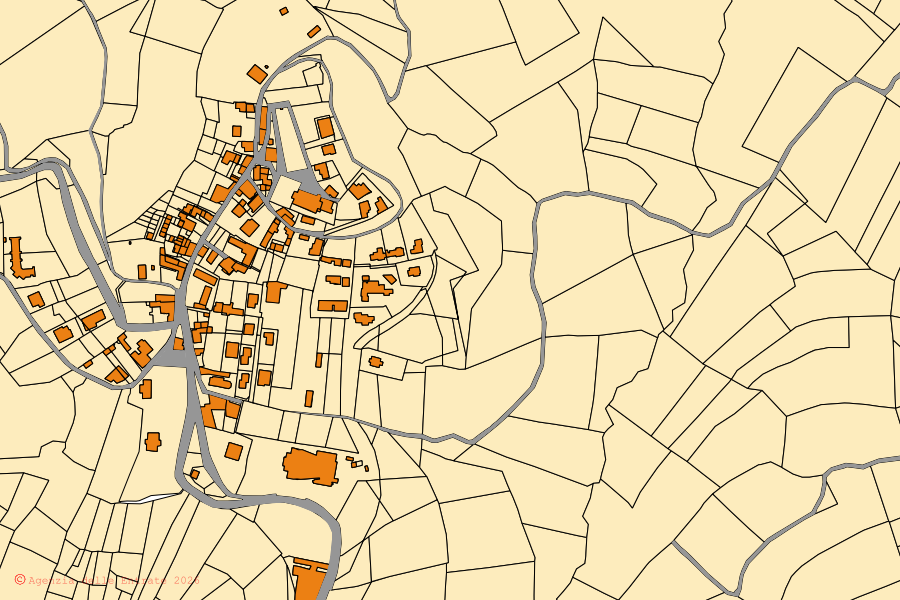 Plan cadastral du centre de Fortunago : parcelles et bâtiments, cartographie de l'Agenzia delle Entrate