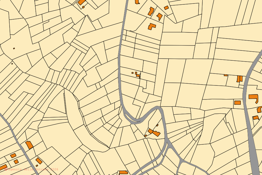 Plan cadastral du centre de Frinco : parcelles et bâtiments, cartographie de l'Agenzia delle Entrate