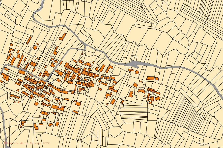 Plan cadastral du centre de Front : parcelles et bâtiments, cartographie de l'Agenzia delle Entrate