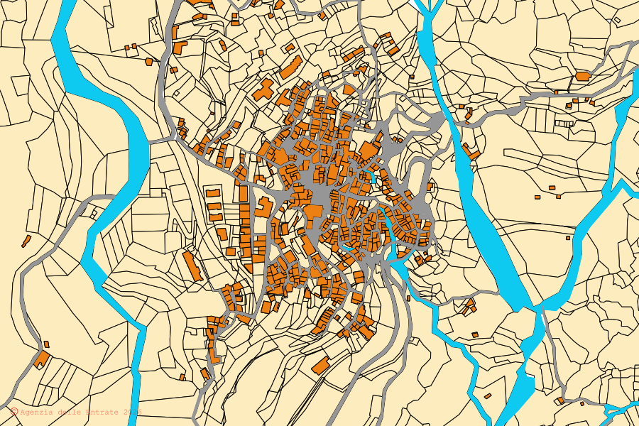 Plan cadastral du centre de Gallodoro : parcelles et bâtiments, cartographie de l'Agenzia delle Entrate