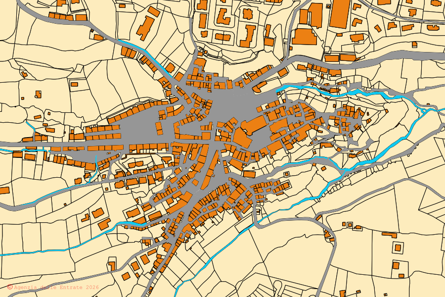Plan cadastral du centre de Gradoli : parcelles et bâtiments, cartographie de l'Agenzia delle Entrate
