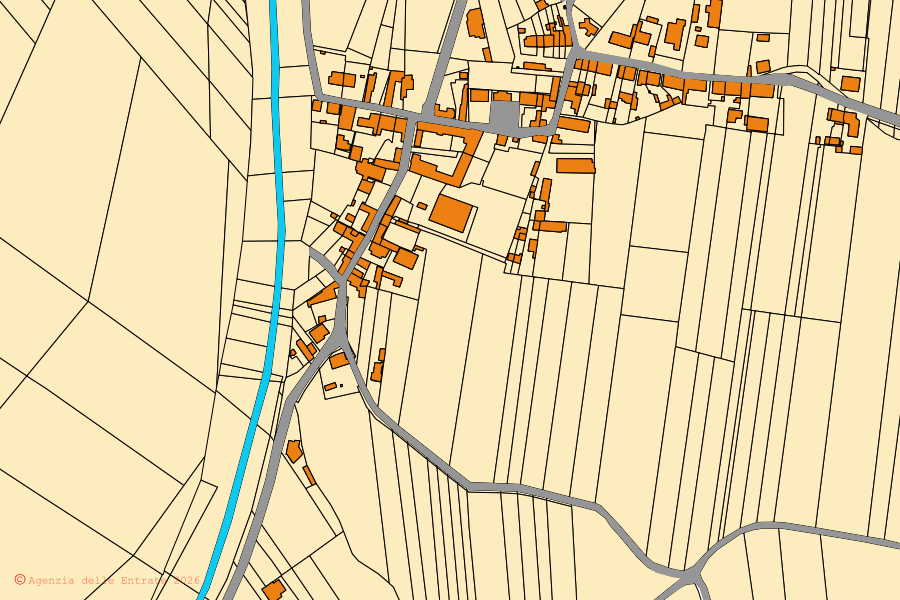 Plan cadastral du centre de Guazzora : parcelles et bâtiments, cartographie de l'Agenzia delle Entrate