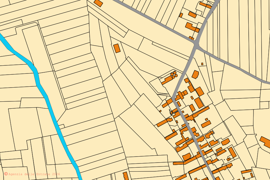 Plan cadastral du centre de Isolabella : parcelles et bâtiments, cartographie de l'Agenzia delle Entrate