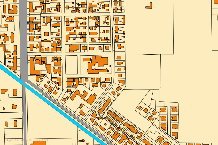 Plan cadastral du centre de Jolanda di Savoia : parcelles et bâtiments, cartographie de l'Agenzia delle Entrate