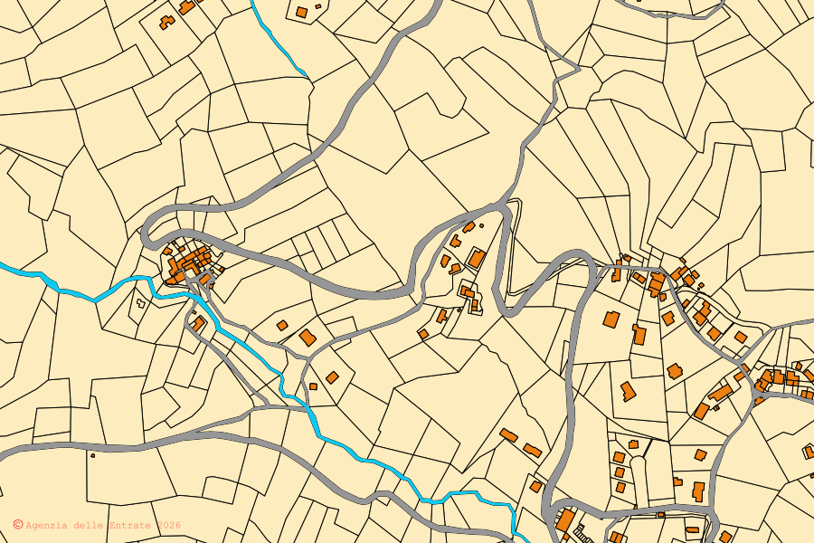 Plan cadastral du centre de Lizzano in Belvedere : parcelles et bâtiments, cartographie de l'Agenzia delle Entrate