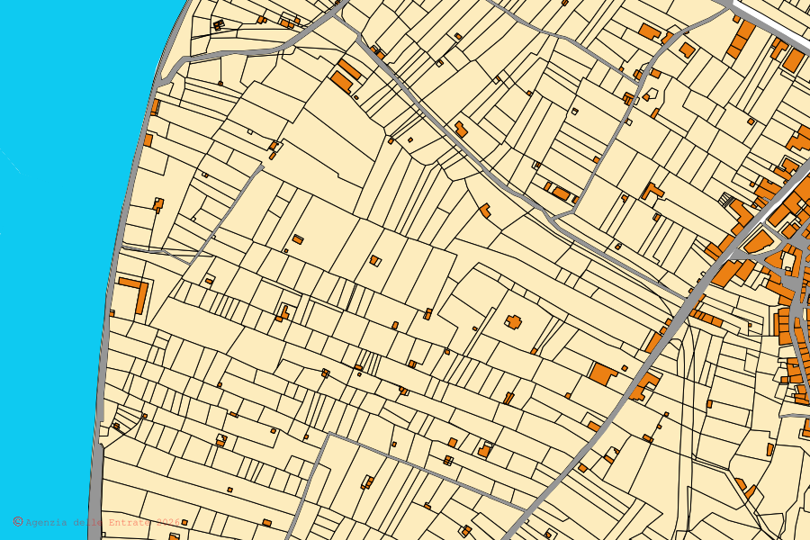 Plan cadastral du centre de Mazzarrà Sant'Andrea : parcelles et bâtiments, cartographie de l'Agenzia delle Entrate