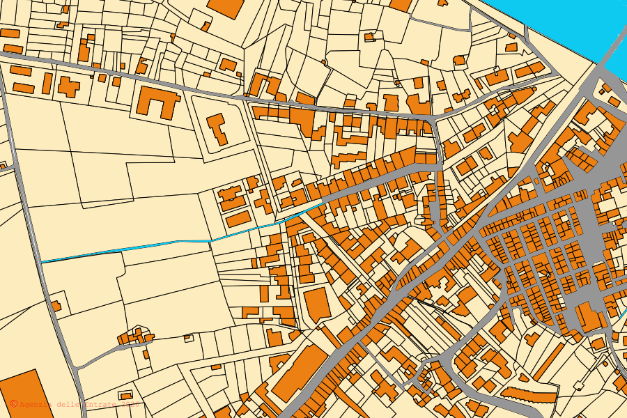 Plan cadastral du centre de Merì : parcelles et bâtiments, cartographie de l'Agenzia delle Entrate