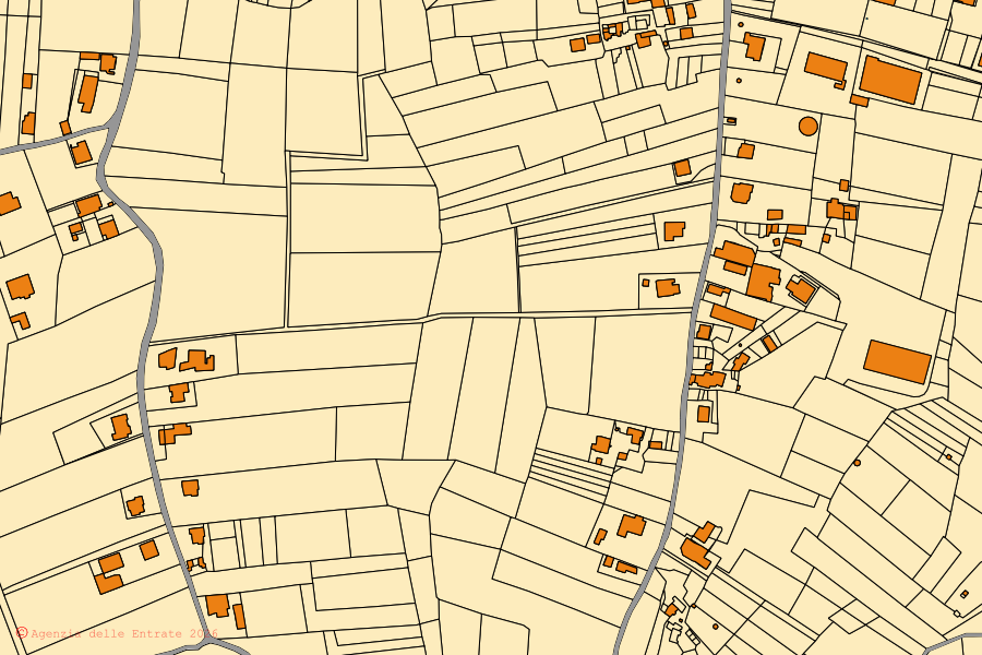 Plan cadastral du centre de Mirabella Eclano : parcelles et bâtiments, cartographie de l'Agenzia delle Entrate