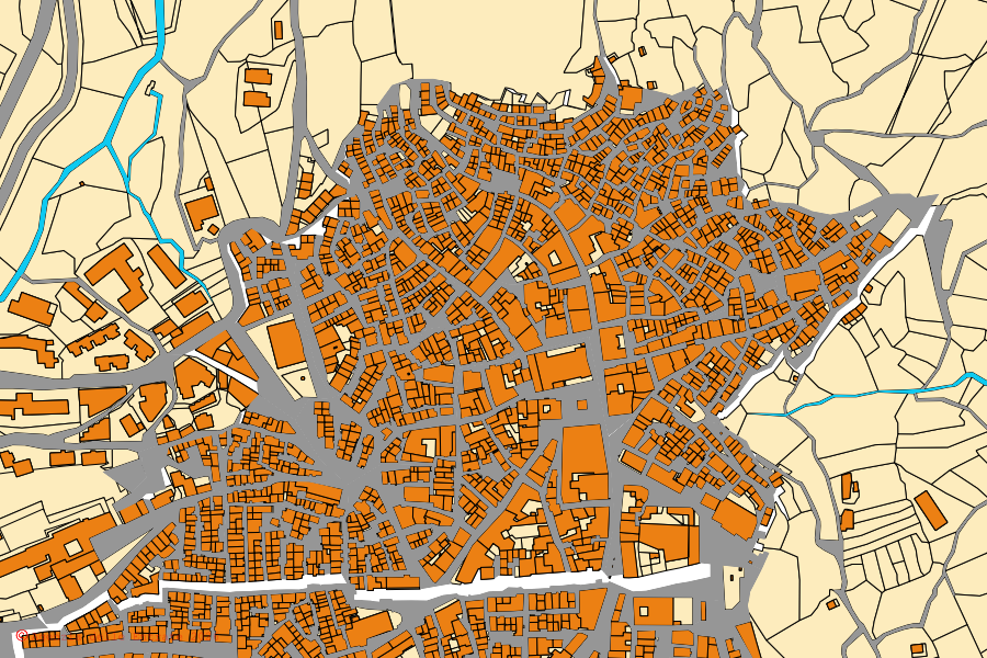 Plan cadastral du centre de Mistretta : parcelles et bâtiments, cartographie de l'Agenzia delle Entrate