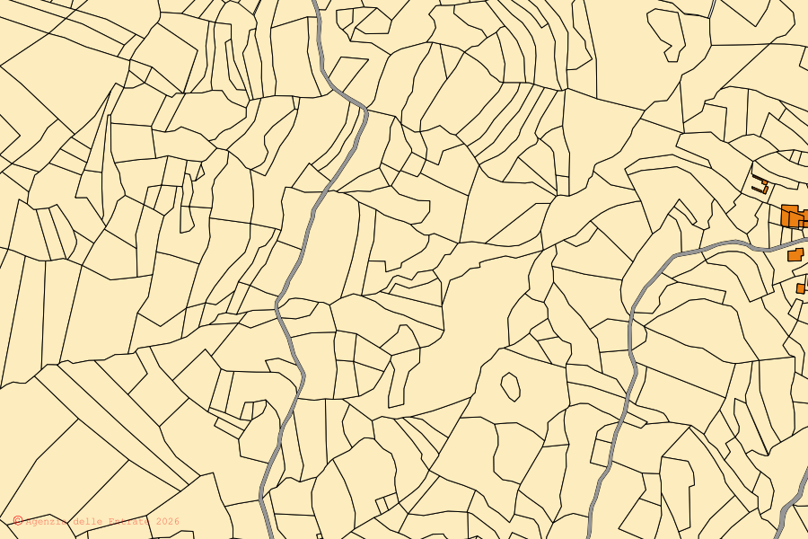 Plan cadastral du centre de Mongiardino Ligure : parcelles et bâtiments, cartographie de l'Agenzia delle Entrate