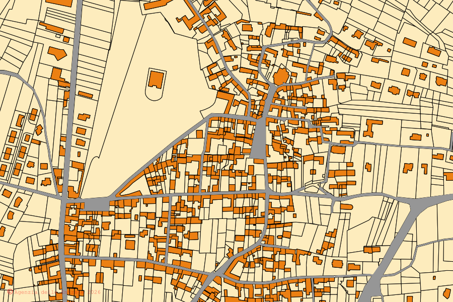 Plan cadastral du centre de Montalenghe : parcelles et bâtiments, cartographie de l'Agenzia delle Entrate