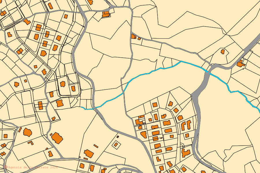 Plan cadastral du centre de Monte Grimano Terme : parcelles et bâtiments, cartographie de l'Agenzia delle Entrate