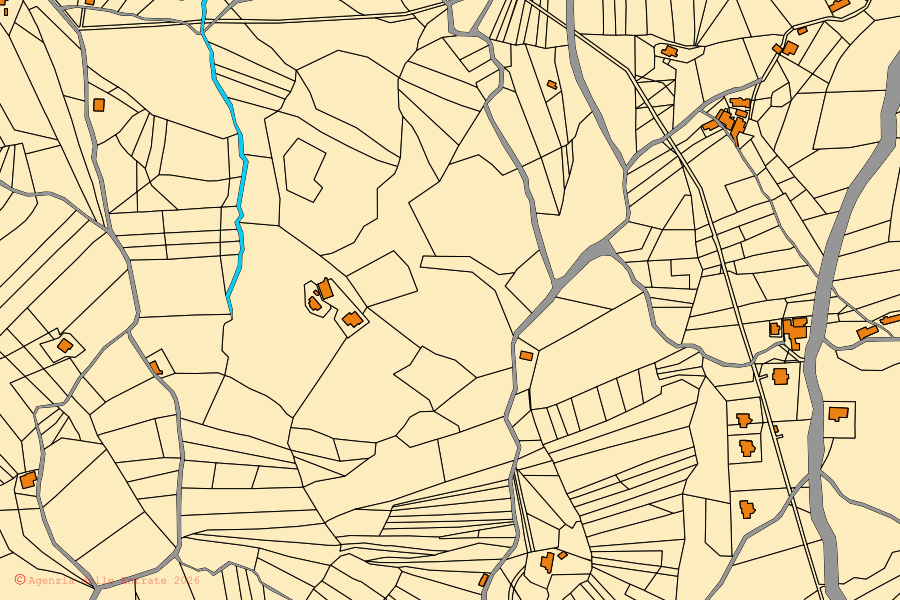 Plan cadastral du centre de Montebello di Bertona : parcelles et bâtiments, cartographie de l'Agenzia delle Entrate