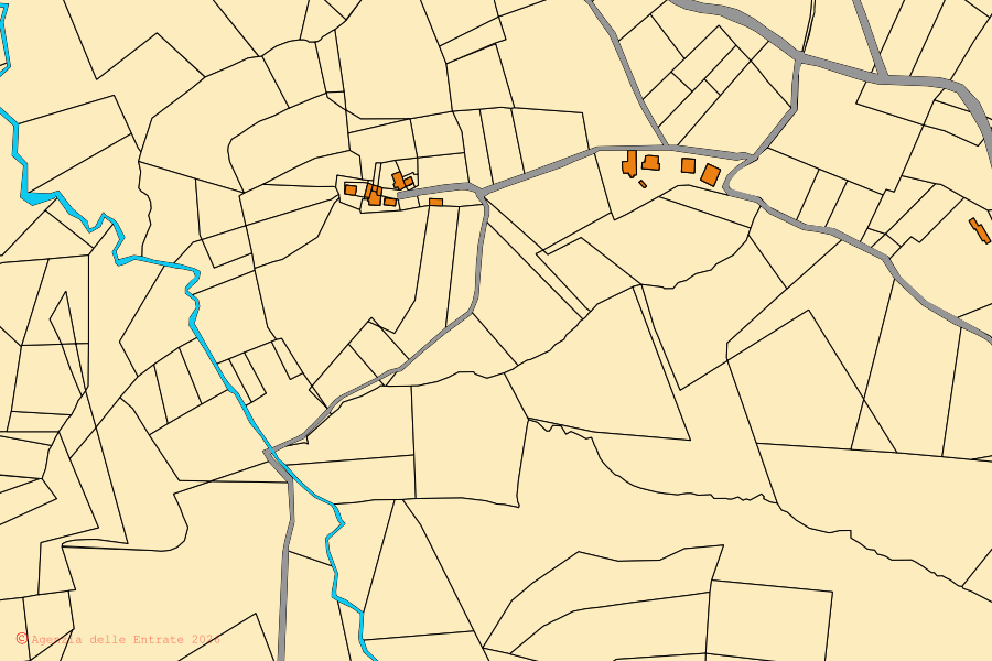 Plan cadastral du centre de Montecalvo Versiggia : parcelles et bâtiments, cartographie de l'Agenzia delle Entrate