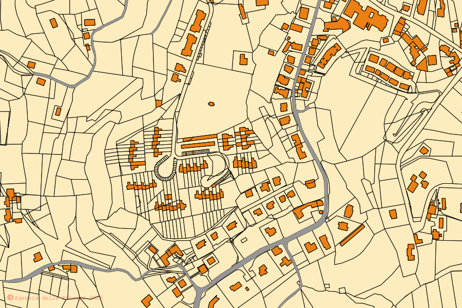 Plan cadastral du centre de Monteviale : parcelles et bâtiments, cartographie de l'Agenzia delle Entrate