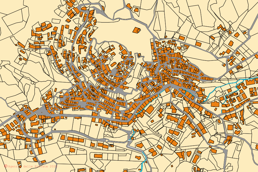 Plan cadastral du centre de Motta San Giovanni : parcelles et bâtiments, cartographie de l'Agenzia delle Entrate