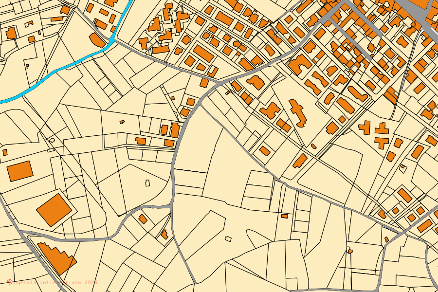 Plan cadastral du centre de Mugnano del Cardinale : parcelles et bâtiments, cartographie de l'Agenzia delle Entrate