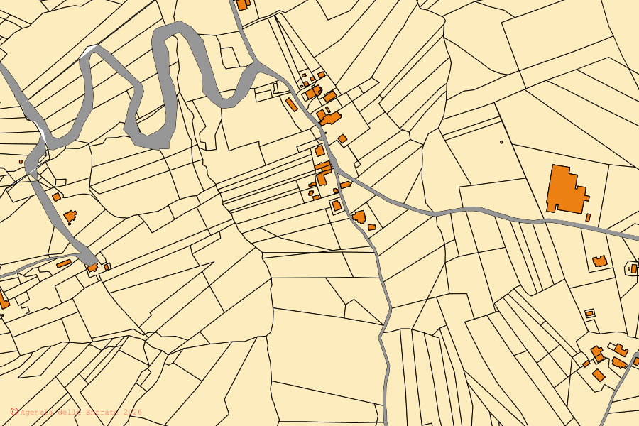 Plan cadastral du centre de Penna San Giovanni : parcelles et bâtiments, cartographie de l'Agenzia delle Entrate